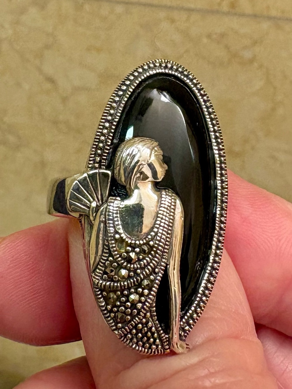 Sterling Silver Black Onyx Figural Woman Statement Ring
